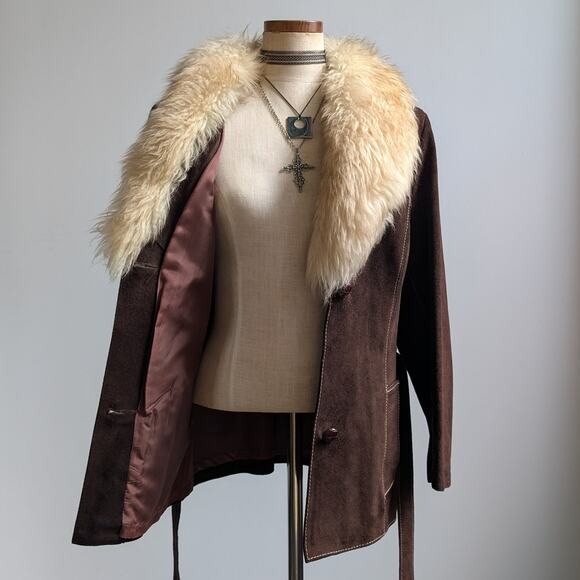 Vintage Brown Suede Penny Lane Jacket Belted Furry Leather Western Coat Medium - Picture 4 of 13